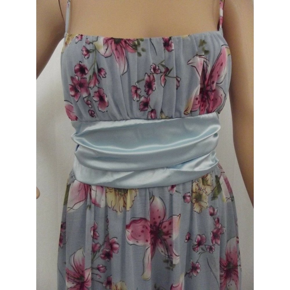 Fredericks Small Blue Pink Floral Ruched Bodice Dress belt cherry blossoms lily - Picture 2 of 8